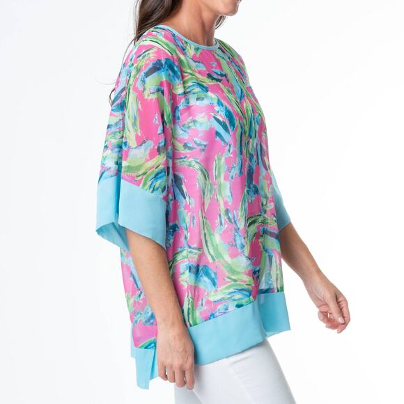 Lexi Boho Tropical Brush Sheer One Size Poncho Cover up Teal Pink - Picture 3 of 6